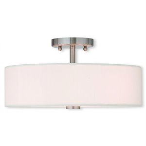 Livex Lighting Meridian 15&quot 3-Light Metal & Fabric Semi Flush in Brushed Nickel