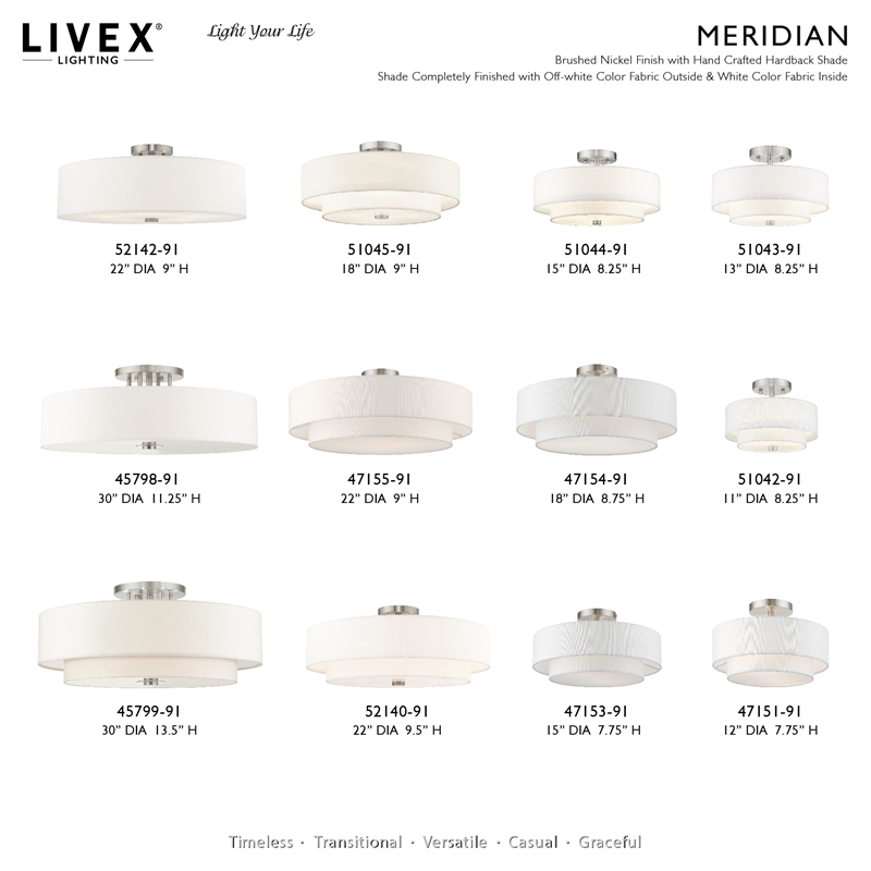 Livex Lighting Meridian 3-Light Metal & Fabric Ceiling Mount in Brushed Nickel