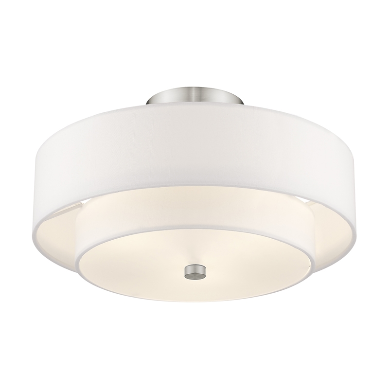Livex Lighting Meridian 3-Light Metal & Fabric Ceiling Mount in Brushed Nickel