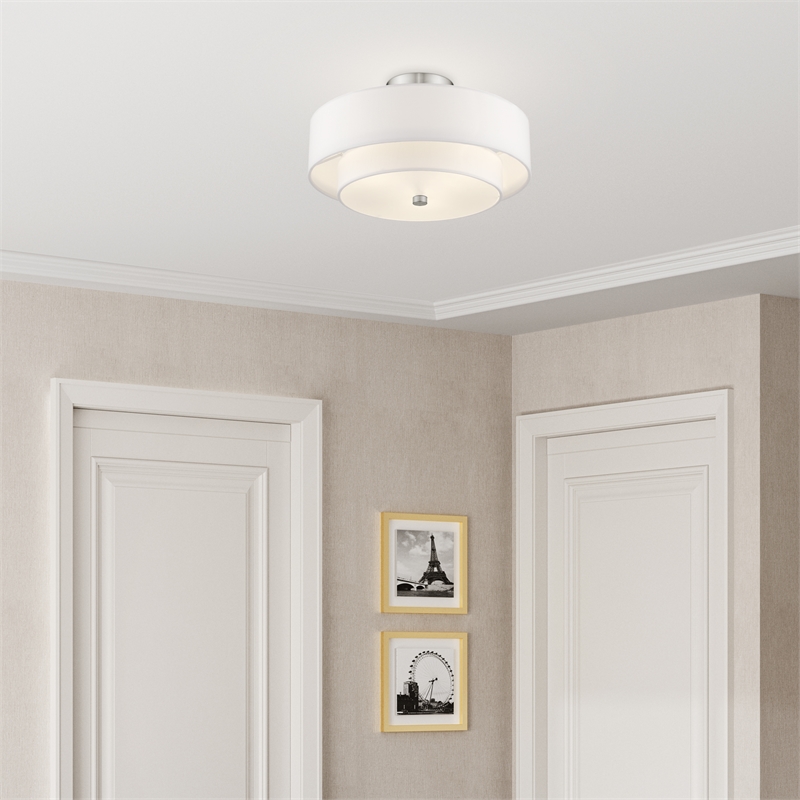 Livex Lighting Meridian 3-Light Metal & Fabric Ceiling Mount in Brushed Nickel