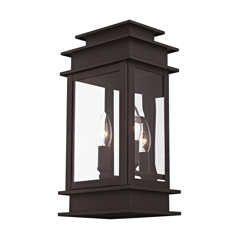 Livex Lighting Princeton 2-Light Brass & Glass Outdoor Wall Lantern in Bronze