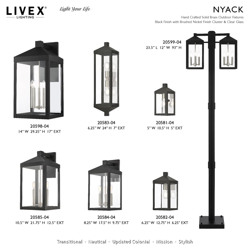 Livex Lighting Nyack 3-Light Brass & Glass Outdoor Wall Lantern in Black