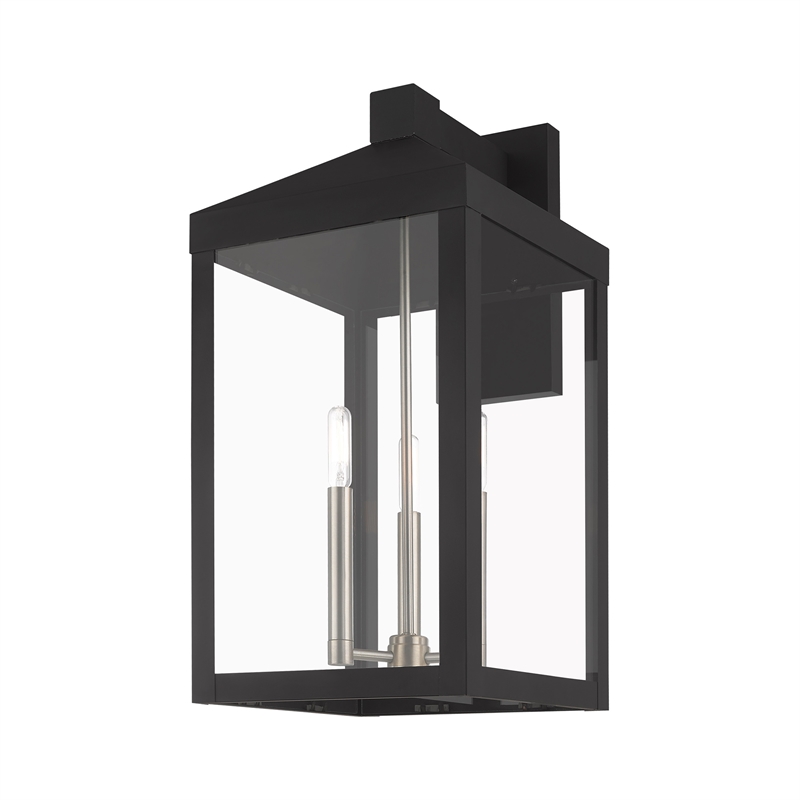 Livex Lighting Nyack 3-Light Brass & Glass Outdoor Wall Lantern in Black