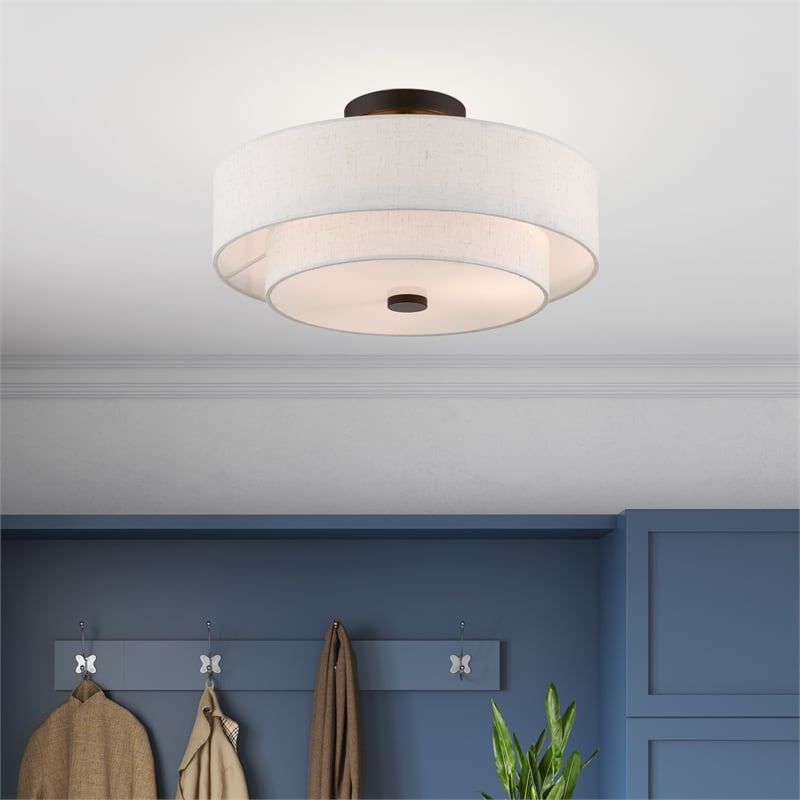 Livex Lighting Monroe 3-Light Metal/Fabric Ceiling Mount in English Bronze