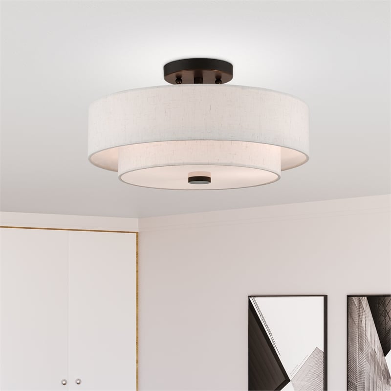 Livex Lighting Monroe 3-Light Metal/Fabric Ceiling Mount in English Bronze