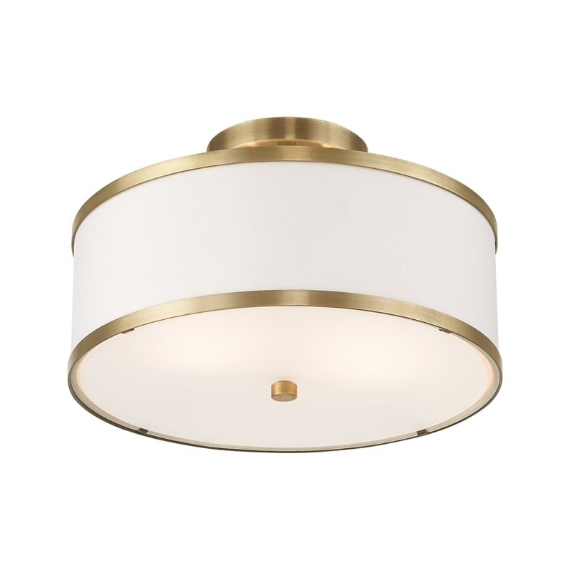 Livex Lighting Park Ridge 2-Light Metal & Fabric Ceiling Mount in Antique Brass
