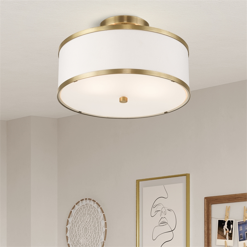 Livex Lighting Park Ridge 2-Light Metal & Fabric Ceiling Mount in Antique Brass