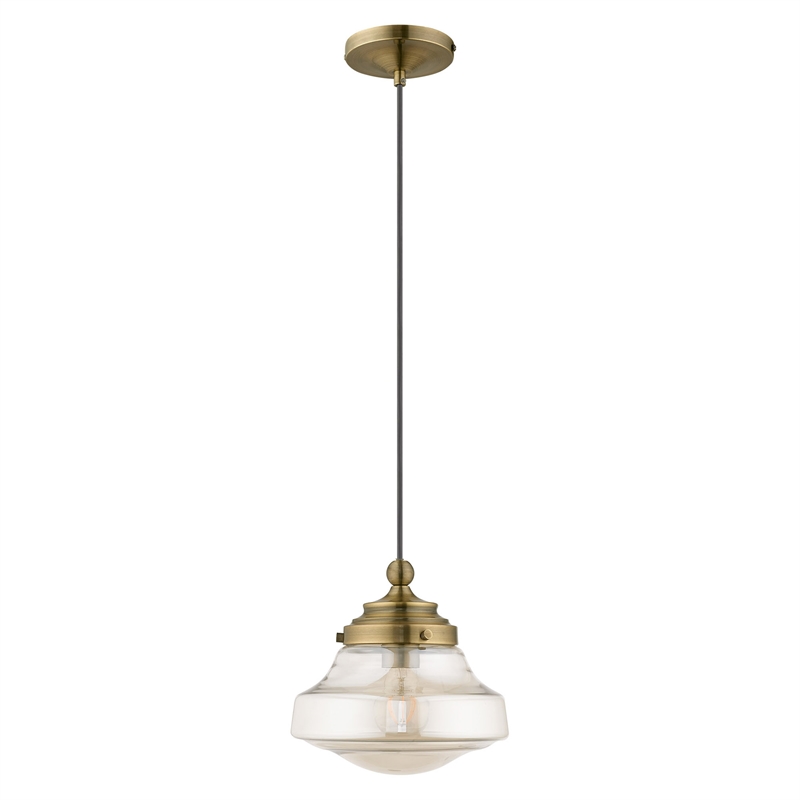 Livex Lighting Avondale 1-Light Metal & Glass Single Pendant in Antique Brass