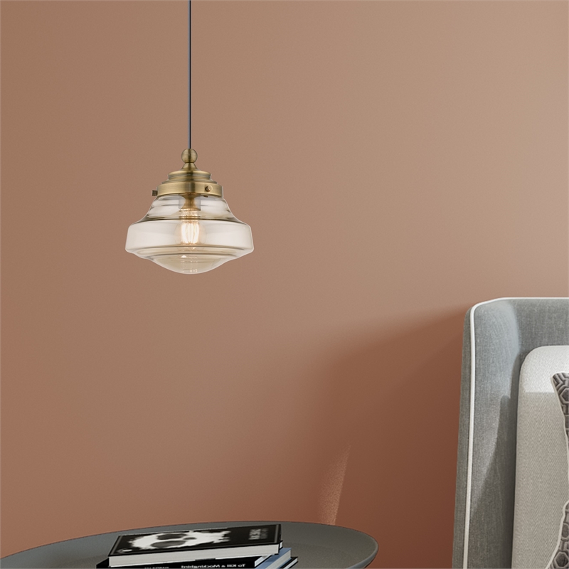 Livex Lighting Avondale 1-Light Metal & Glass Single Pendant in Antique Brass