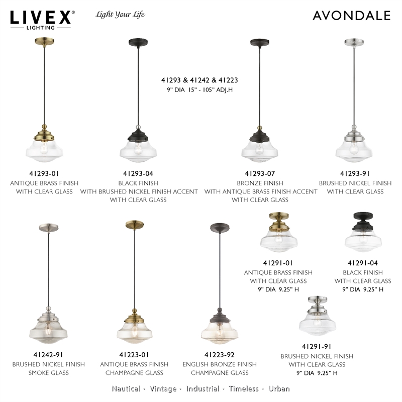 Livex Lighting Avondale 1-Light Metal & Glass Single Pendant in Antique Brass