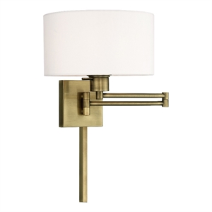 Livex Lighting 11&quot 1-Light Swing Arm Metal & Fabric Wall Lamp in Antique Brass