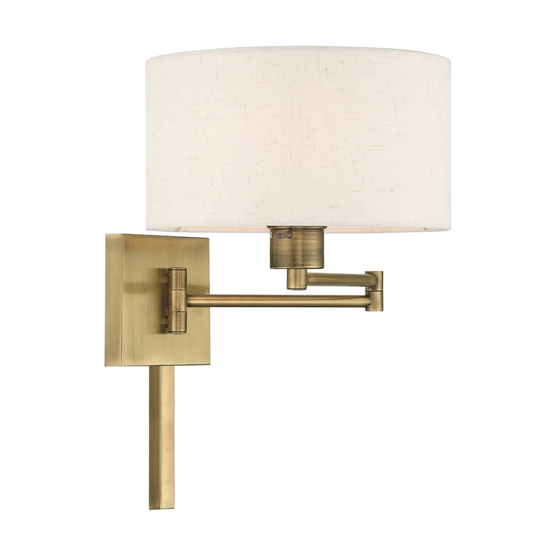 Livex Lighting 1-Light Swing Arm Modern Metal Wall Lamp in Antique Brass/Oatmeal