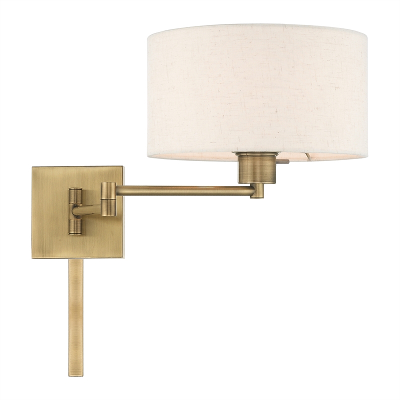 Livex Lighting 1-Light Swing Arm Modern Metal Wall Lamp in Antique Brass/Oatmeal