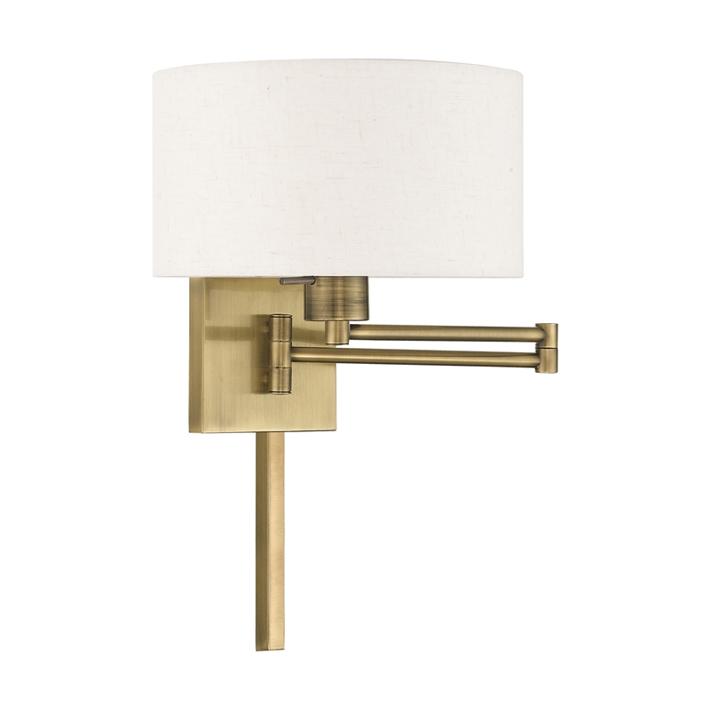 Livex Lighting 1-Light Swing Arm Modern Metal Wall Lamp in Antique Brass/Oatmeal