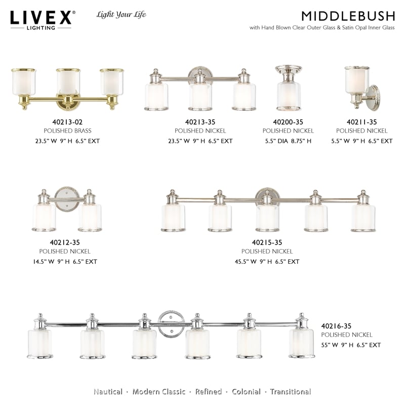 Livex Lighting Middlebush 3-Light Metal & Glass Bath Light in Polished Nickel