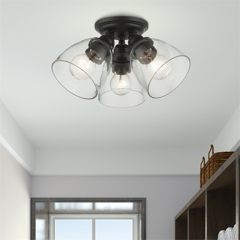 Livex Lighting Montgomery 3-Light Metal & Glass Flush Mount in Black