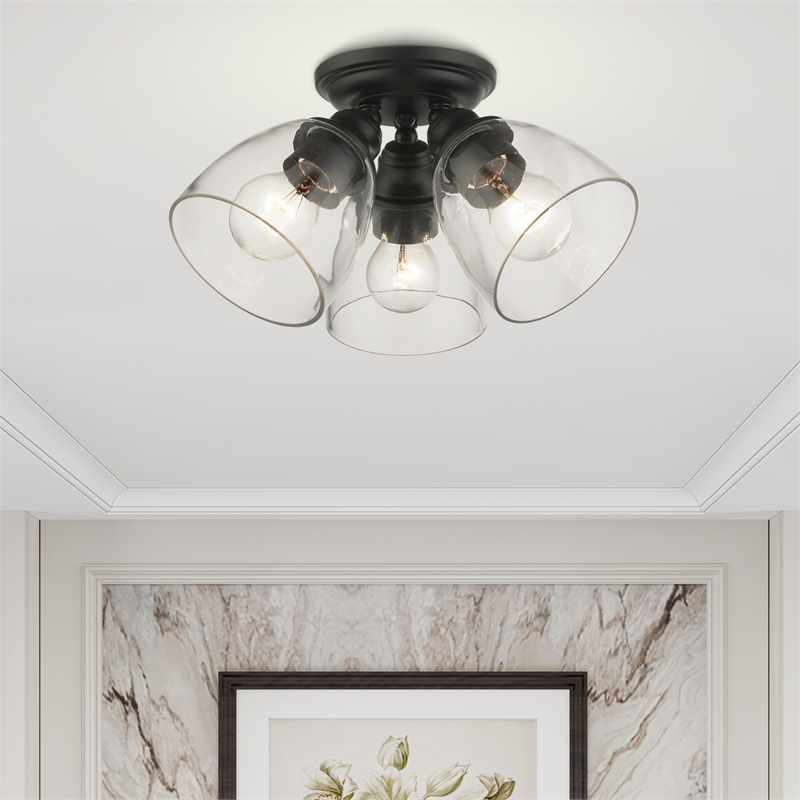 Livex Lighting Montgomery 3-Light Metal & Glass Flush Mount in Black