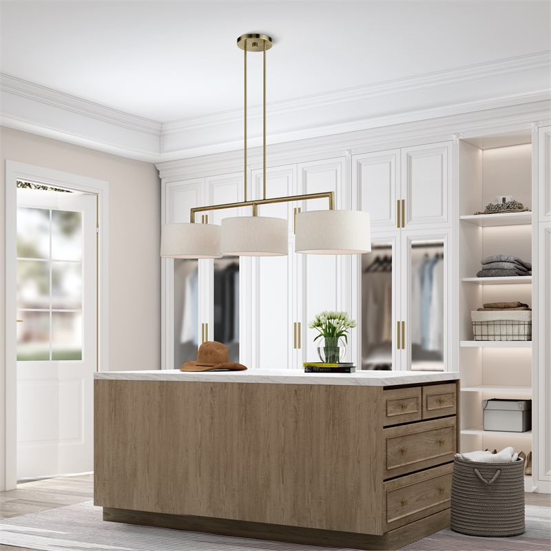 Livex Lighting Monroe 3-Light Metal & Fabric Linear Chandelier in Antique Brass