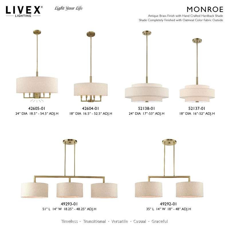 Livex Lighting Monroe 3-Light Metal & Fabric Linear Chandelier in Antique Brass