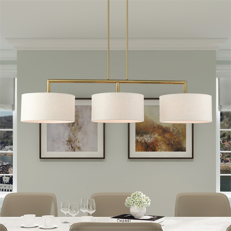 Livex Lighting Monroe 3-Light Metal & Fabric Linear Chandelier in Antique Brass