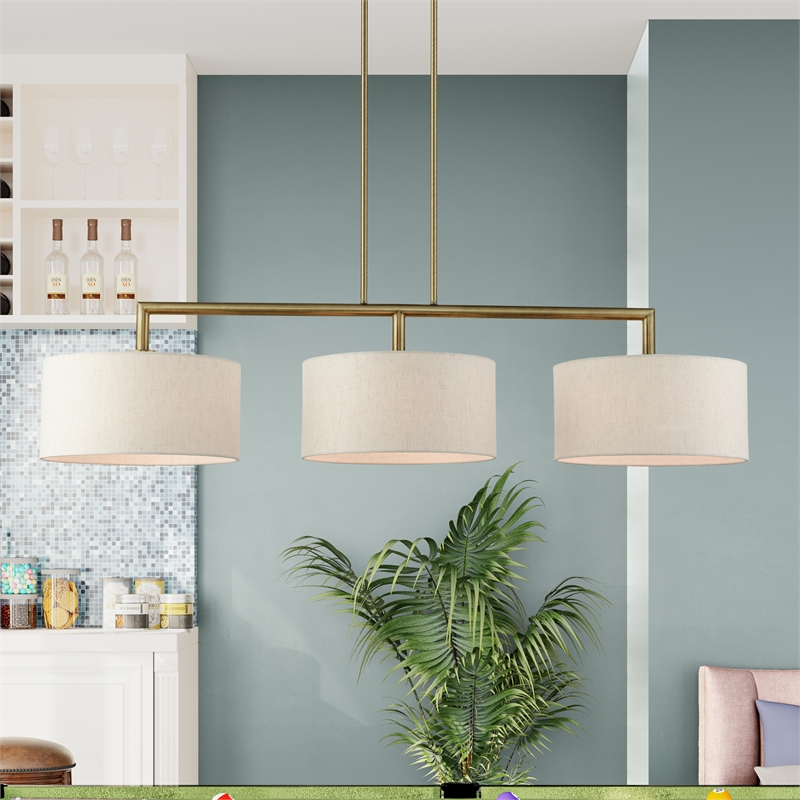 Livex Lighting Monroe 3-Light Metal & Fabric Linear Chandelier in Antique Brass
