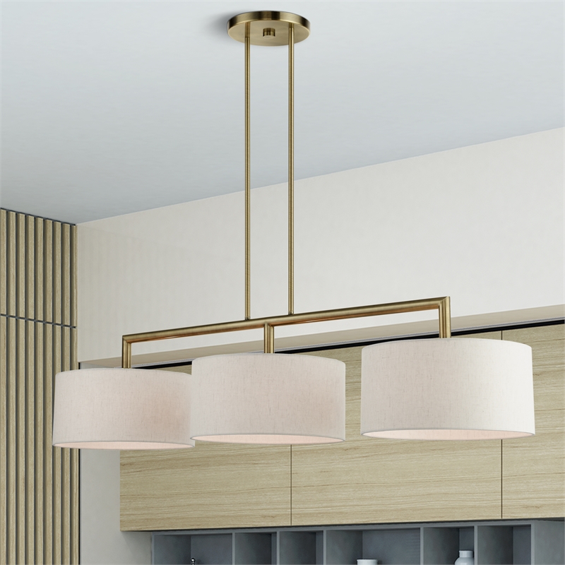 Livex Lighting Monroe 3-Light Metal & Fabric Linear Chandelier in Antique Brass
