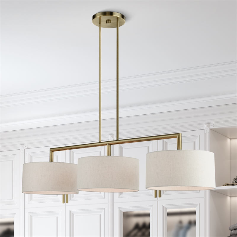 Livex Lighting Monroe 3-Light Metal & Fabric Linear Chandelier in Antique Brass