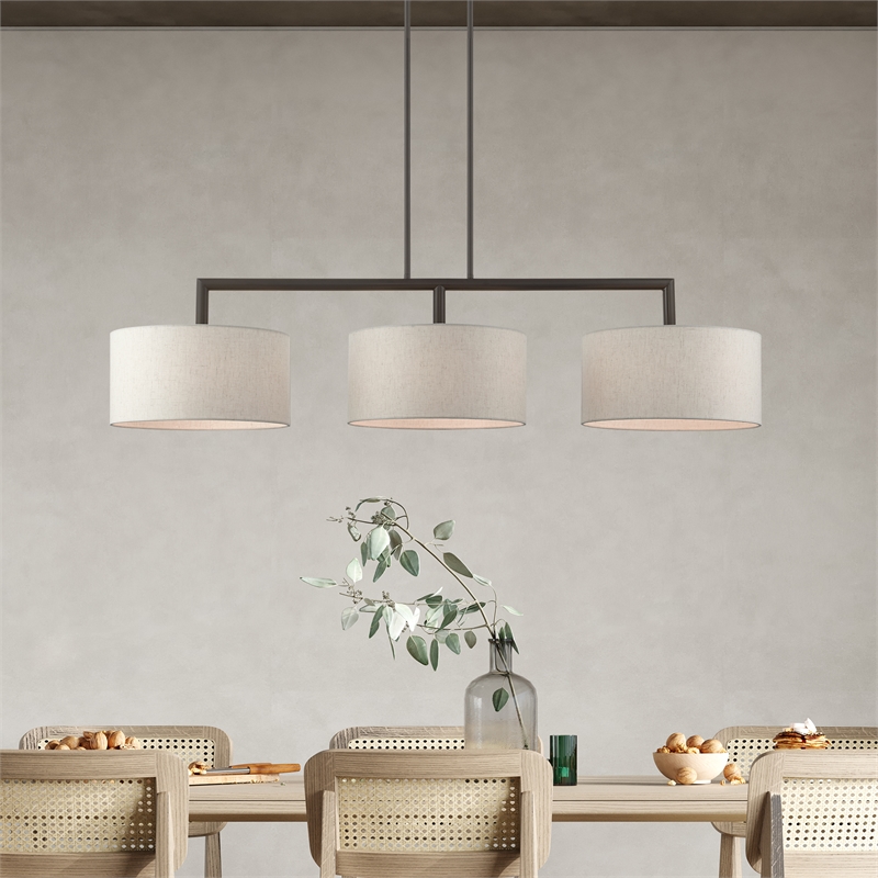 Livex Lighting Monroe 3-Light Metal & Fabric Linear Chandelier in English Bronze