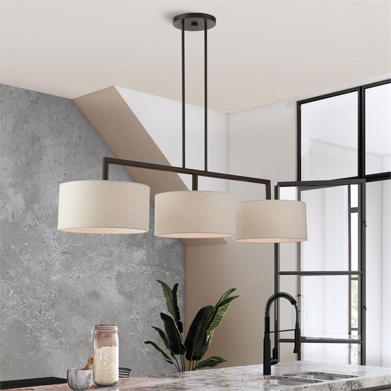 Livex Lighting Monroe 3-Light Metal & Fabric Linear Chandelier in English Bronze