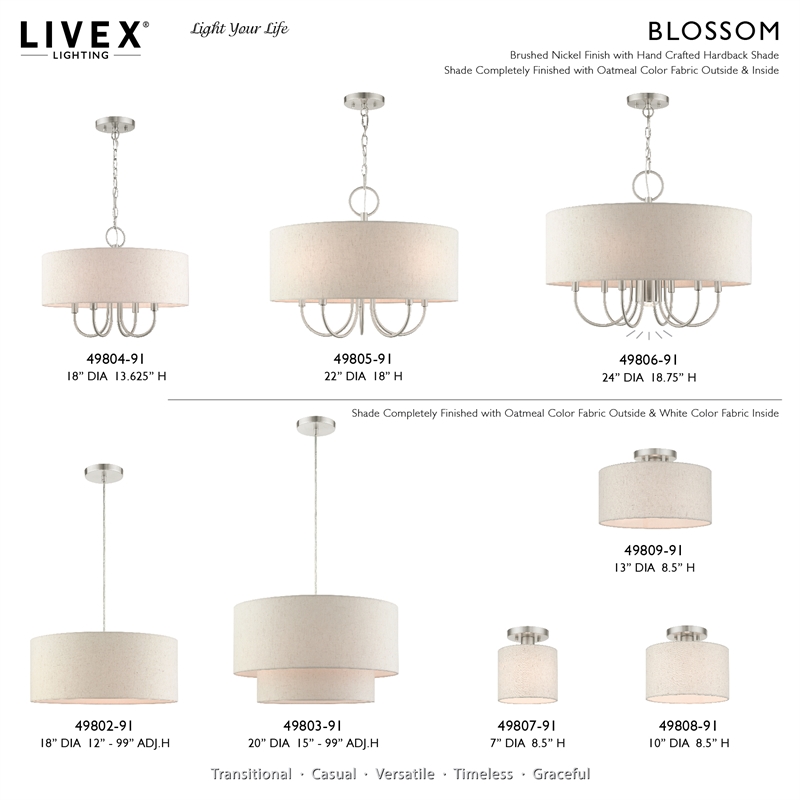 Livex Lighting Blossom 3-Light Modern Metal & Fabric Pendant in Brushed Nickel