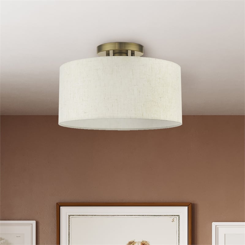 Livex Lighting Blossom 1-Light Modern Metal & Fabric Semi Flush in Antique Brass
