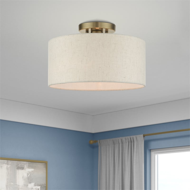 Livex Lighting Blossom 1-Light Modern Metal & Fabric Semi Flush in Antique Brass
