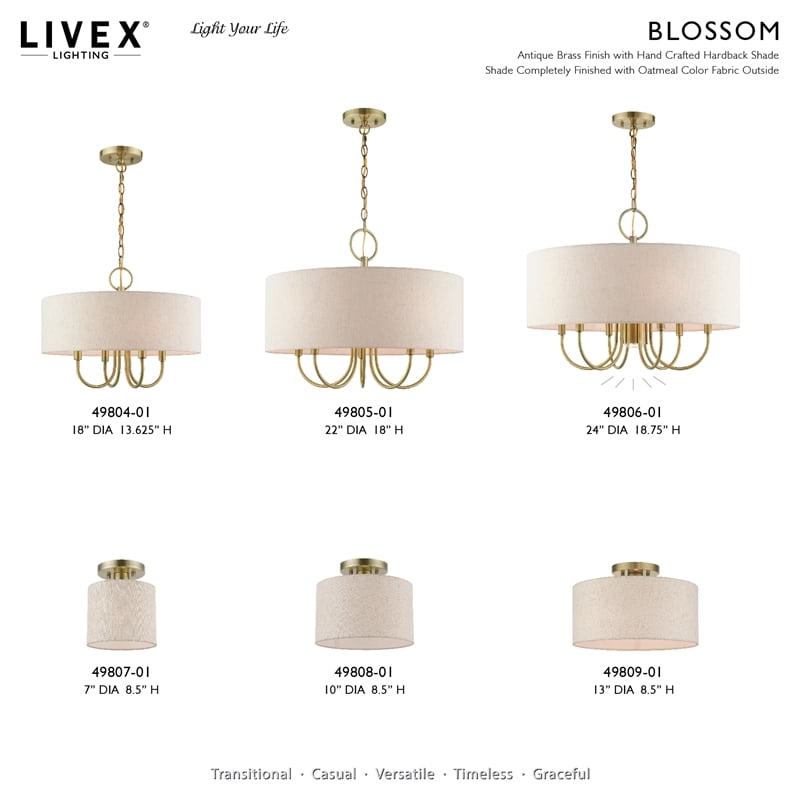 Livex Lighting Blossom 1-Light Modern Metal & Fabric Semi Flush in Antique Brass