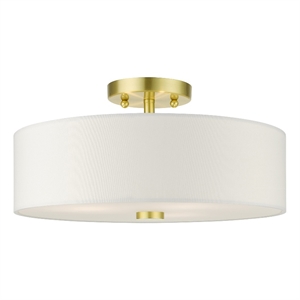 Livex Lighting Meridian 15&quot 3-Light Metal & Fabric Semi Flush in Satin Brass