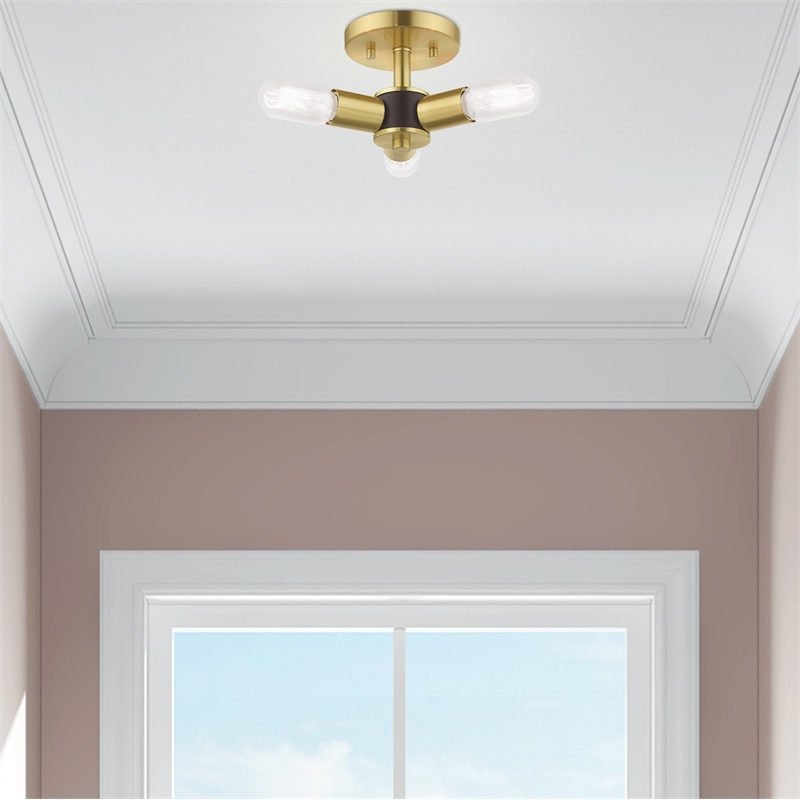 Livex Lighting Copenhagen 3-Light Mid-Century Metal Ceiling Mount in Satin Brass