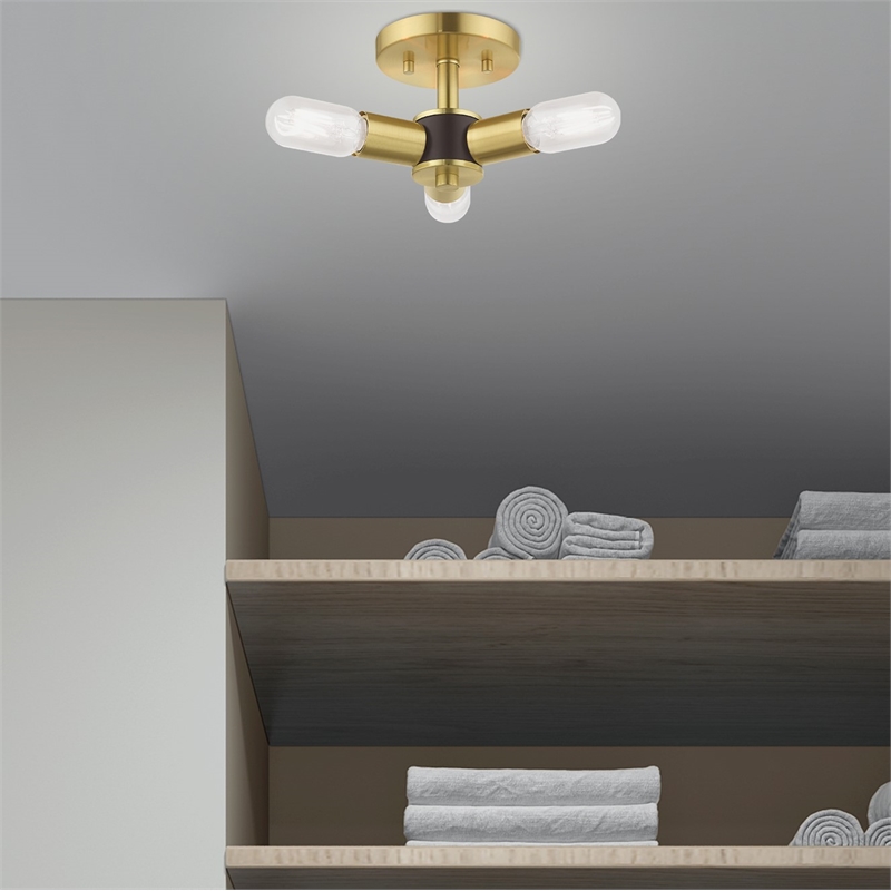 Livex Lighting Copenhagen 3-Light Mid-Century Metal Ceiling Mount in Satin Brass