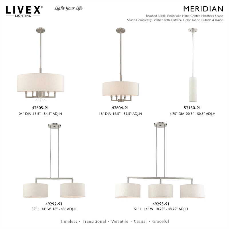 Livex Lighting Meridian 1-Light Metal & Fabric Single Pendant in Brushed Nickel