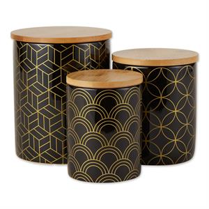 DII Black And Gold Mixed Print Ceramic Canister 3 Piece