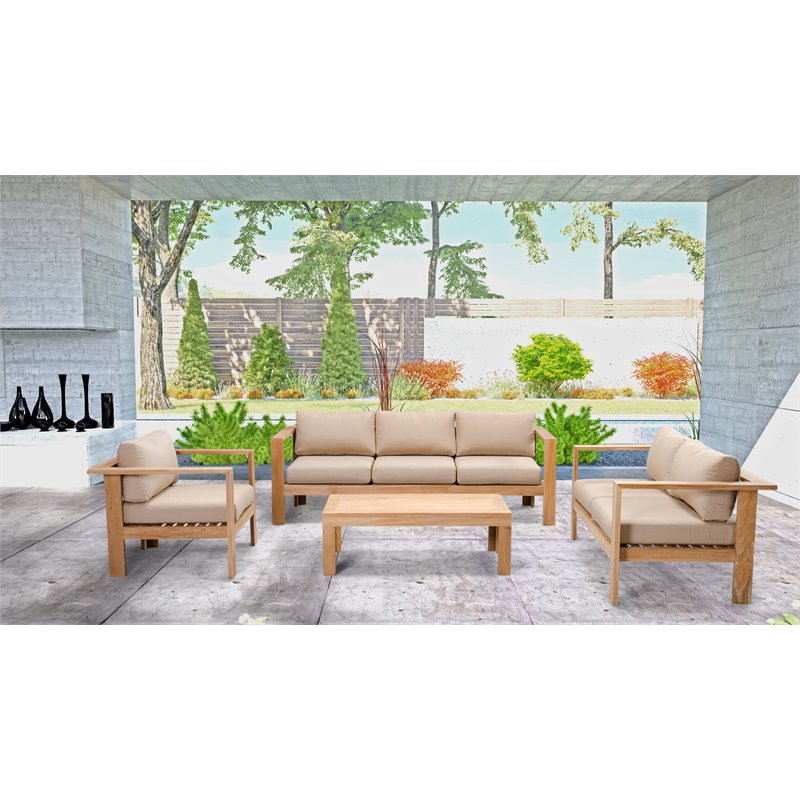 Harmonia Living Ando 4 Piece Wooden Patio Sofa Set in Heather Beige and Teak