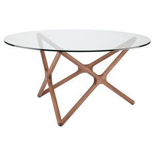 nuevo star round glass top dining table in walnut