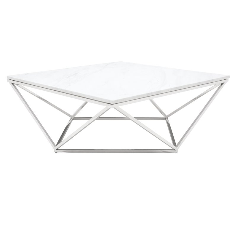 Nuevo Jasmine Square Marble Top Coffee Table In Silver And White Nuevo Jasmine Square Marble Top Coffee Table In Silver And White