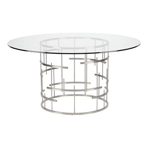 nuevo round stainless steel/glass dining table in polished silver/clear