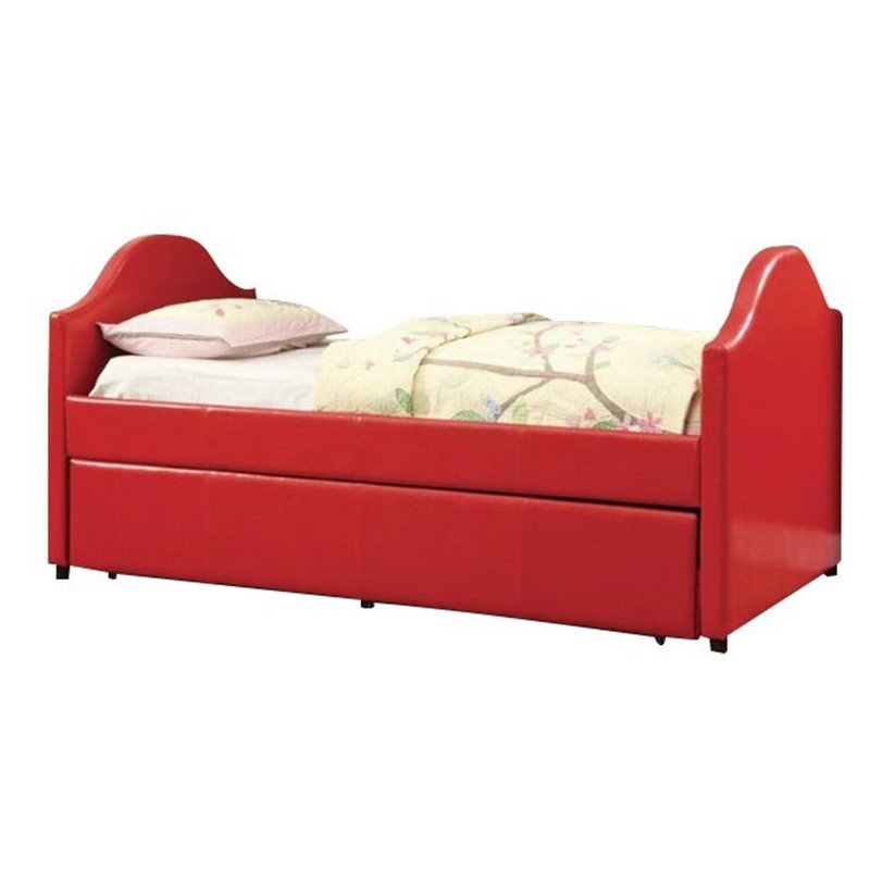Furniture of America Jenning Faux Leather Upholstered Daybed with Trundle in Red