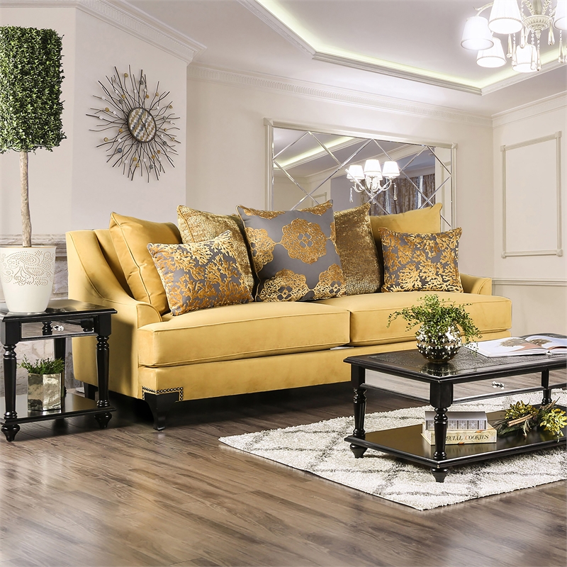 Furniture of America Charlette Traditional Fabric Upholstered Sofa in Gold