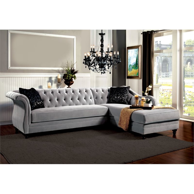 Furniture of America Yantzy Transitional Fabric Tufted Sectional in Warm Gray