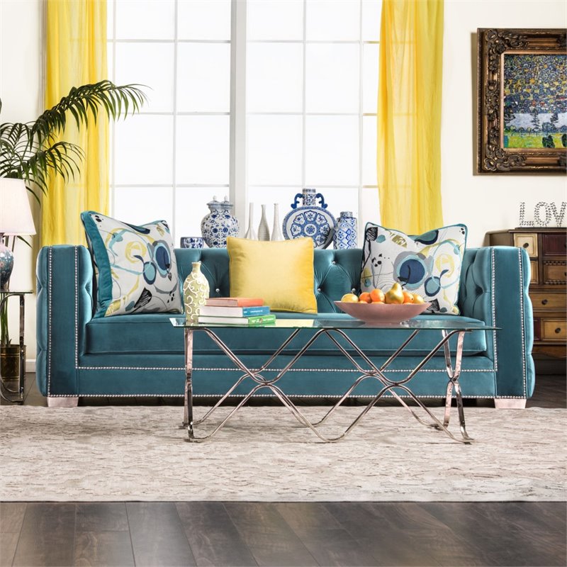 Furniture Of America Panth Tufted Velvet Sofa In Turquoise Idf 2282 Sf Furniture Of America Panth Tufted Velvet Sofa In Turquoise