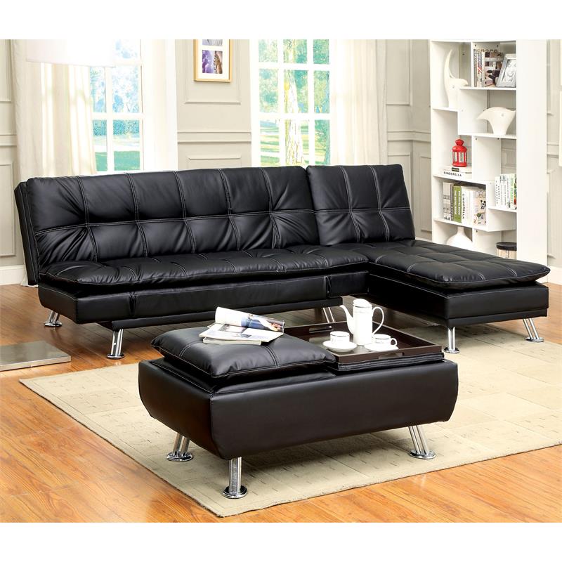 Furniture Of America Halston Tufted, Black Leather Sleeper Sofa Set