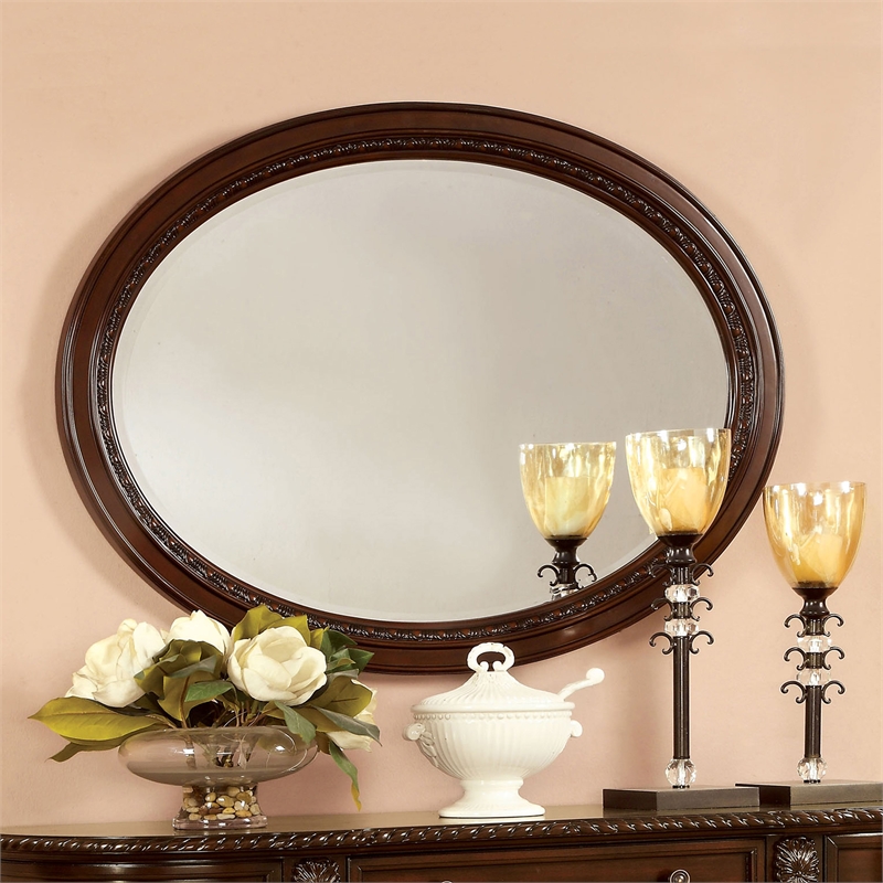 Furniture of America Ramsaran Traditional Wood Frame Oval Mirror in Brown Cherry