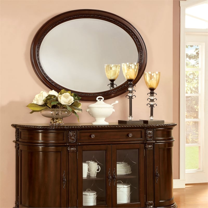 Furniture of America Ramsaran Traditional Wood Frame Oval Mirror in Brown Cherry