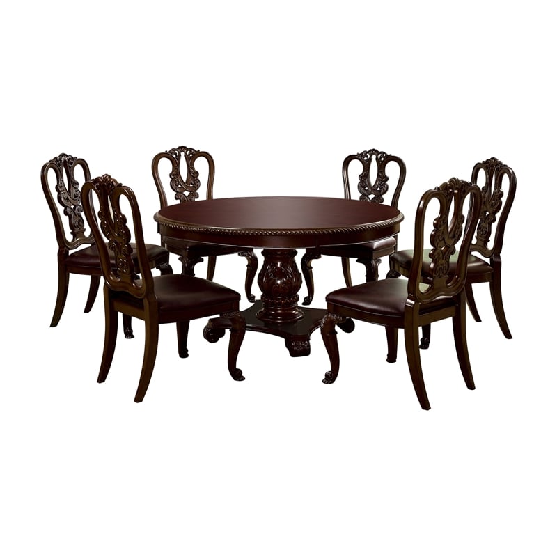 Furniture of America Ramsaran 7 Piece Round Wood Dining Set in Brown Cherry